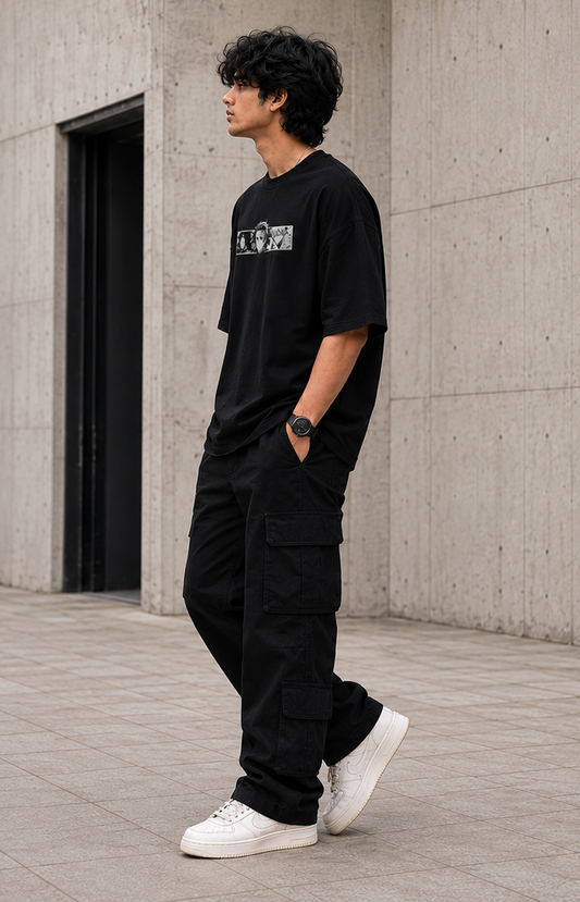 Side profile of male model wearing Kakusei Anime Graphic Unisex Oversized T-Shirt in black oversized fit.