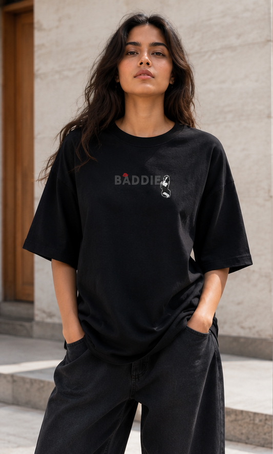 Baddie Graphic Oversized T-Shirt Front View Black