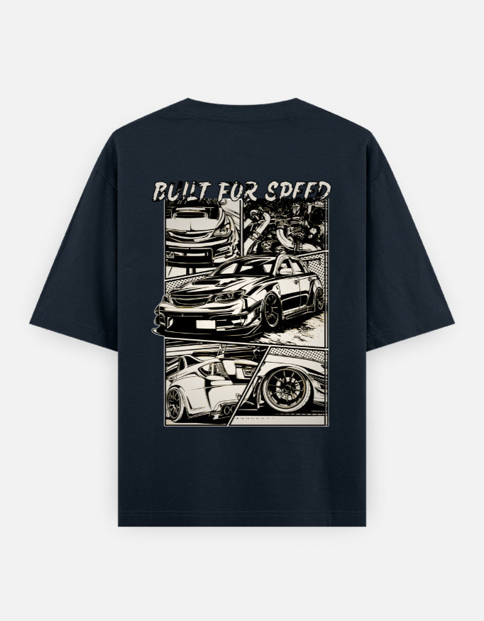 Oversoul Boost Mode Graphic Unisex Oversized T-Shirt deep navy blue back graphic print flat lay