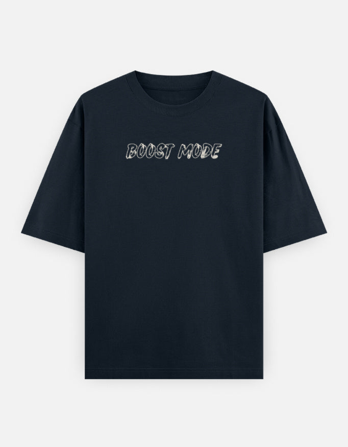 Oversoul Boost Mode Graphic Unisex Oversized T-Shirt deep navy blue front design flat lay