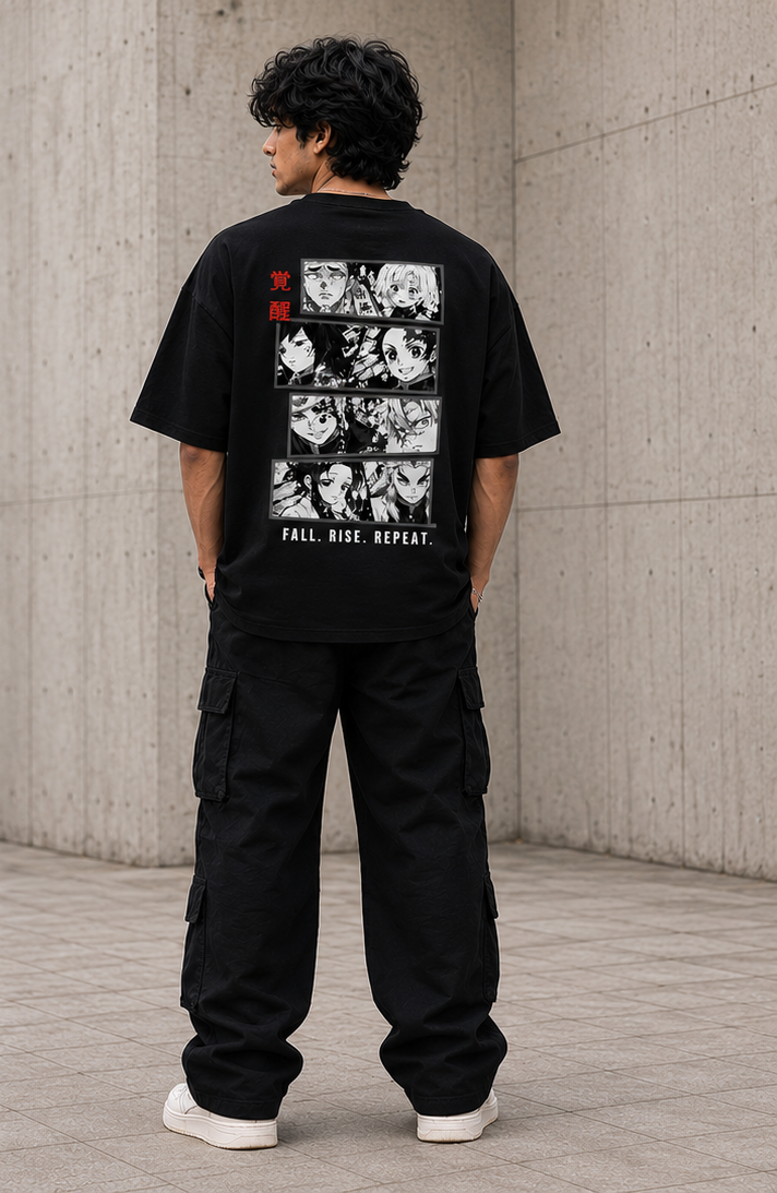 Back view of Kakusei Anime Graphic Unisex Oversized T-Shirt in black showing full anime graphic print on male model.