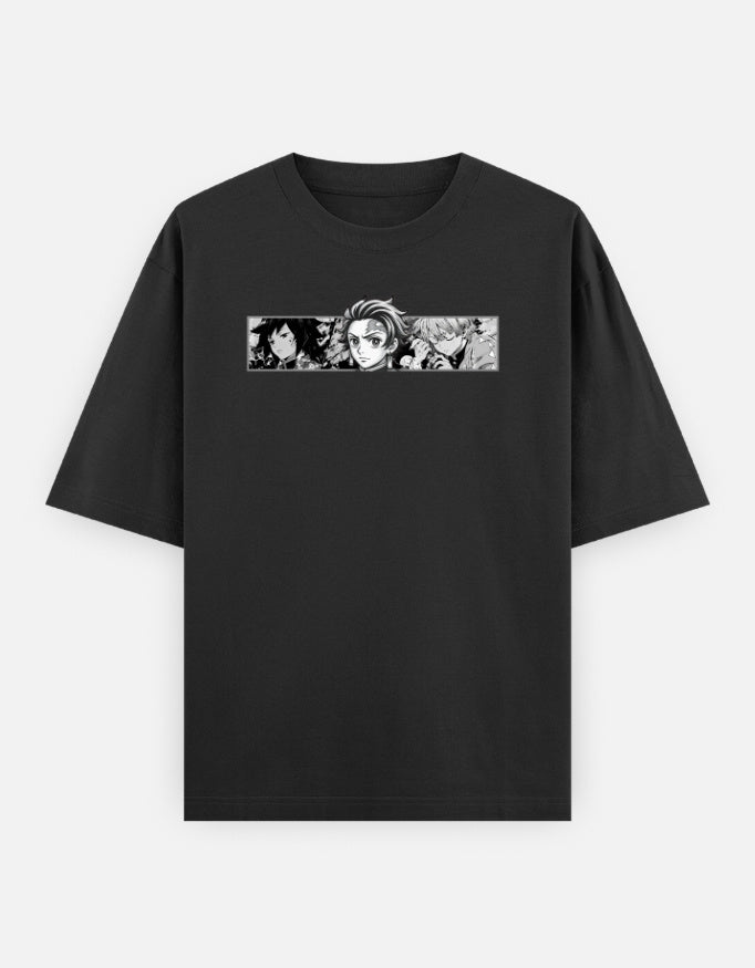 Front flat lay of Kakusei Anime Graphic Unisex Oversized T-Shirt in black with minimalist chest graphic.
