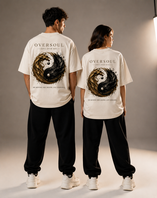 Oversoul Dragon Unisex Oversized T-Shirt front and back design shown by male and female models