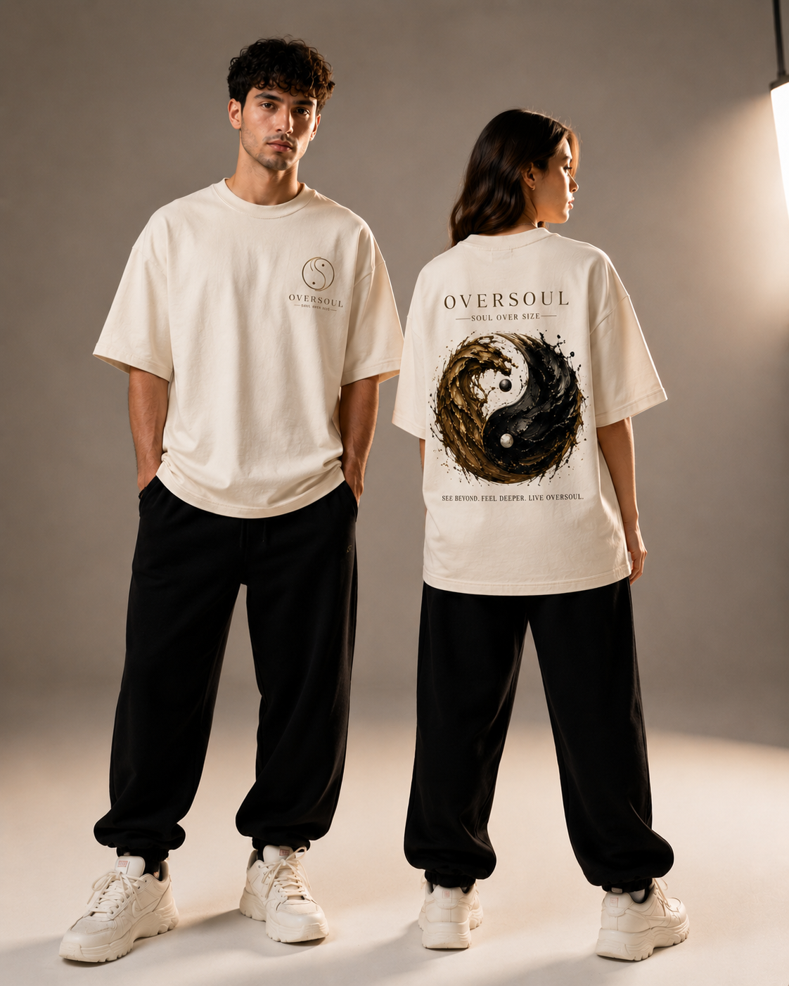 Oversoul Dragon Unisex Oversized T-Shirt front and back design shown by male and female models