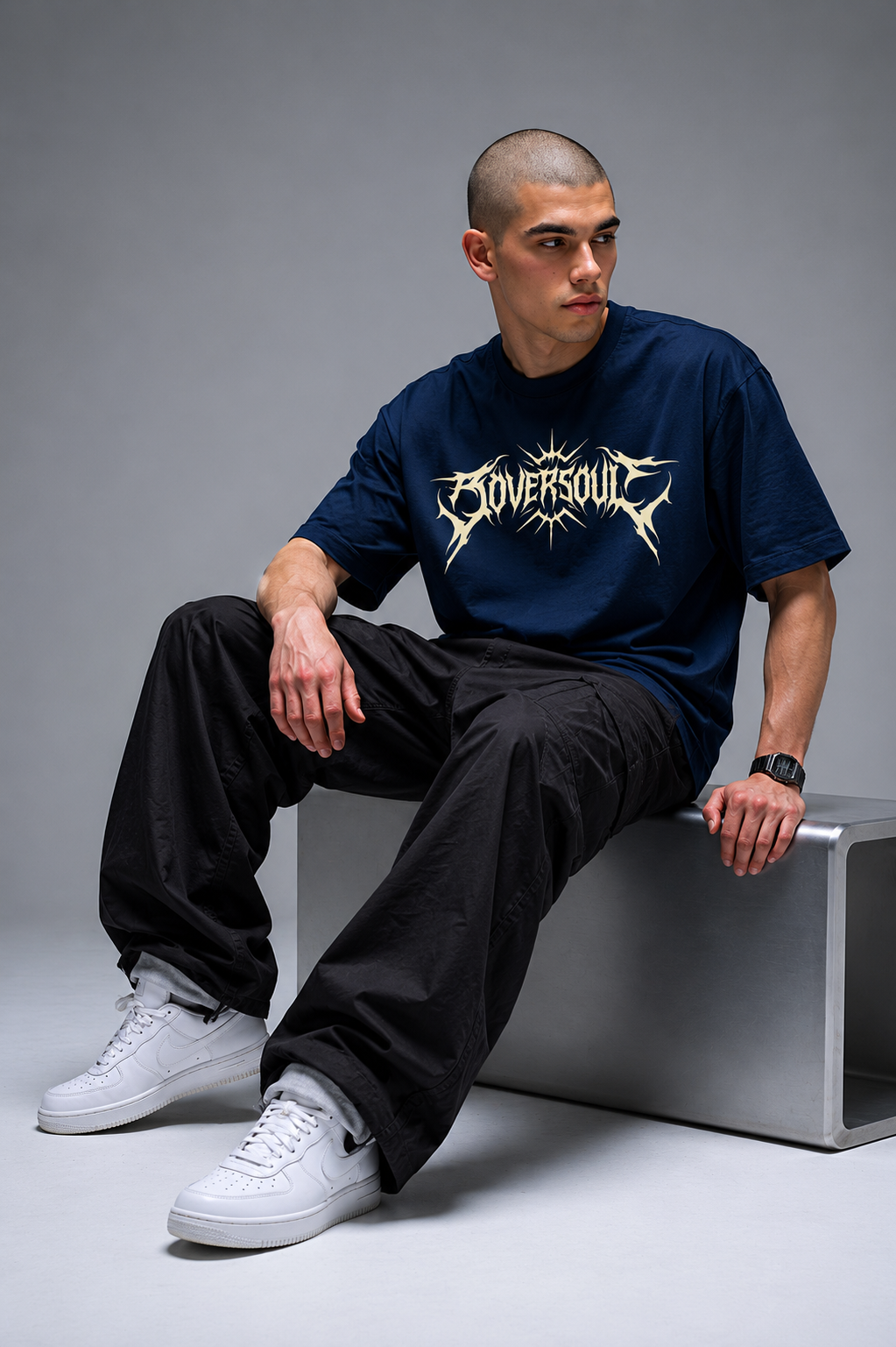 OVERSOUL Metal Gothic Oversized T-Shirt Side Profile on Model Deep Navy Blue