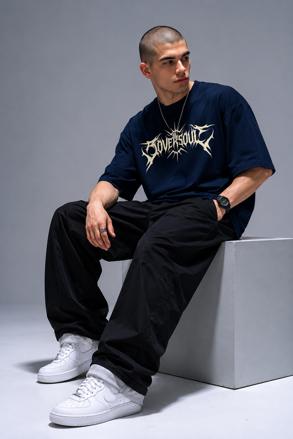 OVERSOUL Metal Gothic Oversized T-Shirt Side View on Model Deep Navy Blue