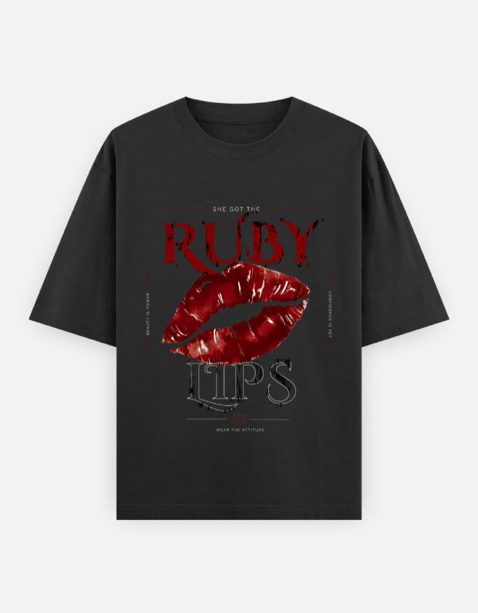 Oversoul Ruby Lips Graphic Unisex Oversized T-Shirt black front graphic design flat lay