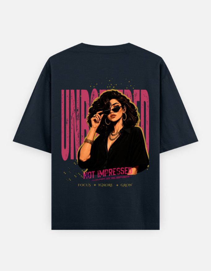 Back graphic view of Unbothered Graphic Unisex Oversized T-Shirt in deep navy blue