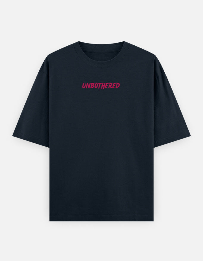 Front view of Unbothered Graphic Unisex Oversized T-Shirt in deep navy blue